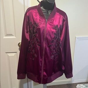 Torrid Satin Bomber Jacket in Rich Burgundy with Floral Embroidery